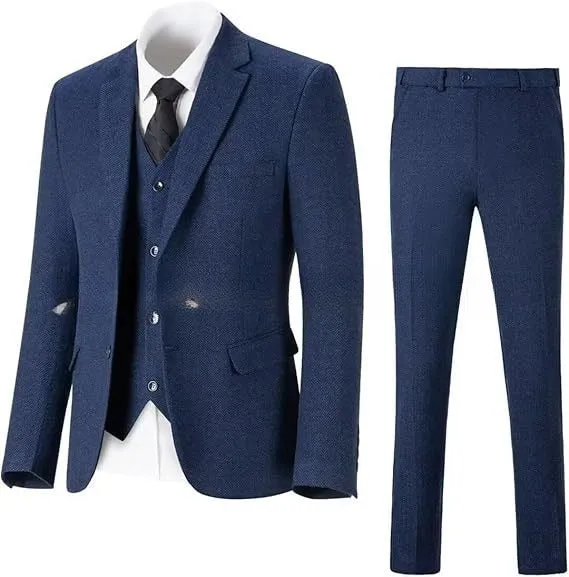 Men's herringbone pattern slim three-piece suit in dark gray with jacket, vest, and trousers