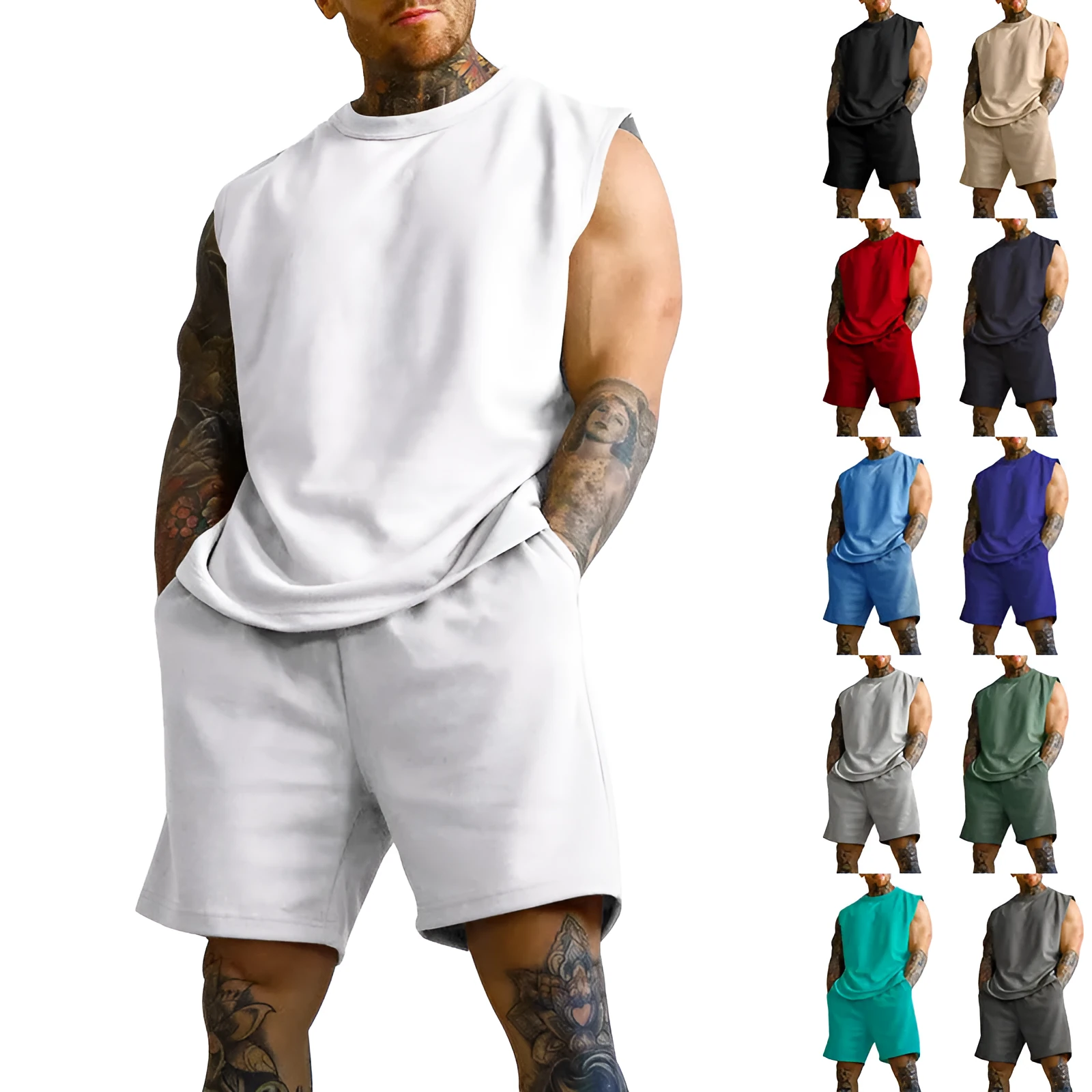 Men's sleeveless sports top and matching shorts casual set in cotton blend fabric