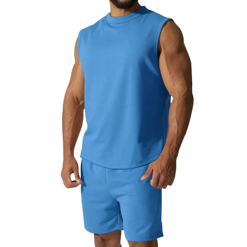 Men's sleeveless sports top and matching shorts casual set in cotton blend fabric