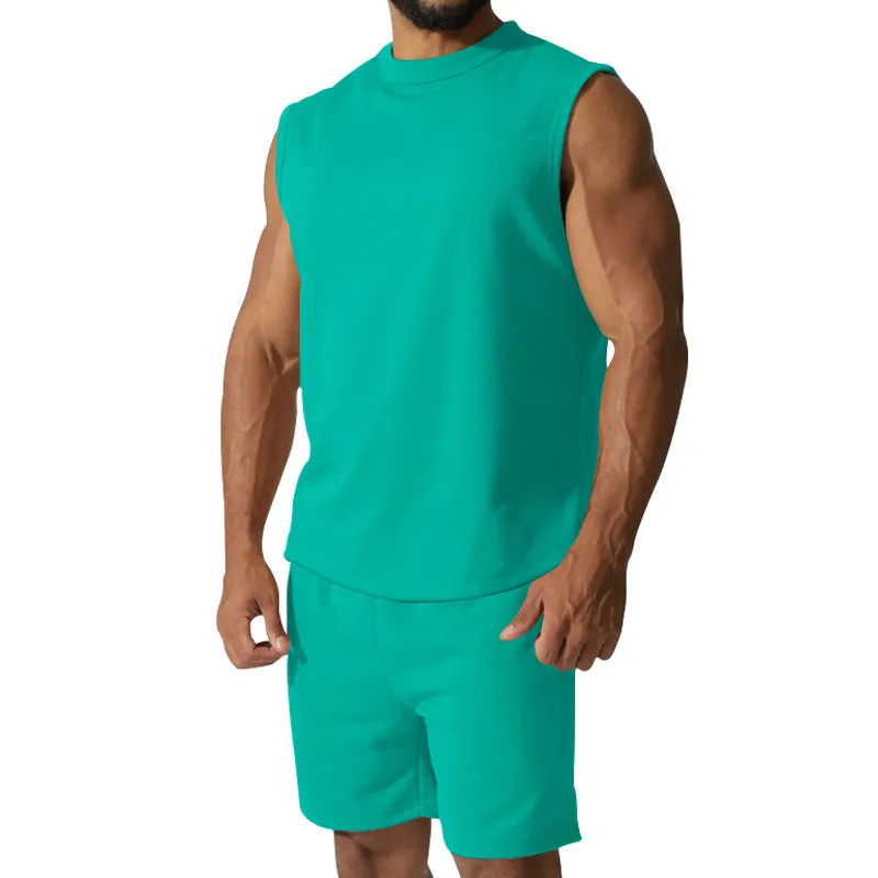Men's sleeveless sports top and matching shorts casual set in cotton blend fabric
