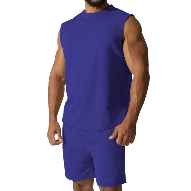 Men's sleeveless sports top and matching shorts casual set in cotton blend fabric