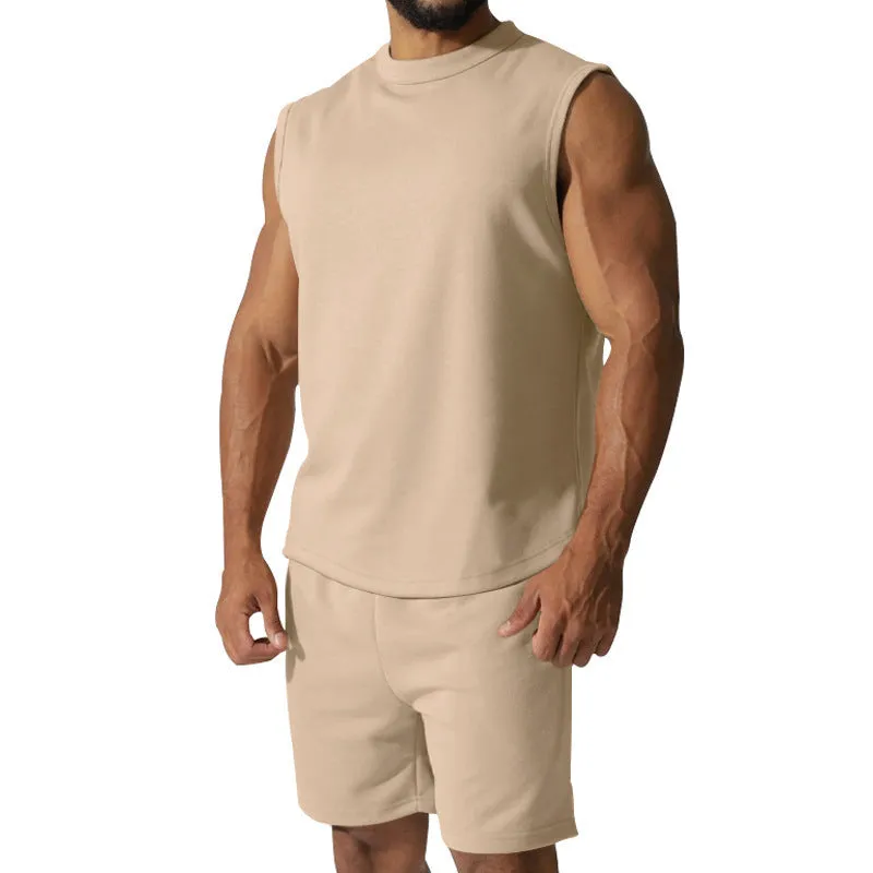 Men's sleeveless sports top and matching shorts casual set in cotton blend fabric