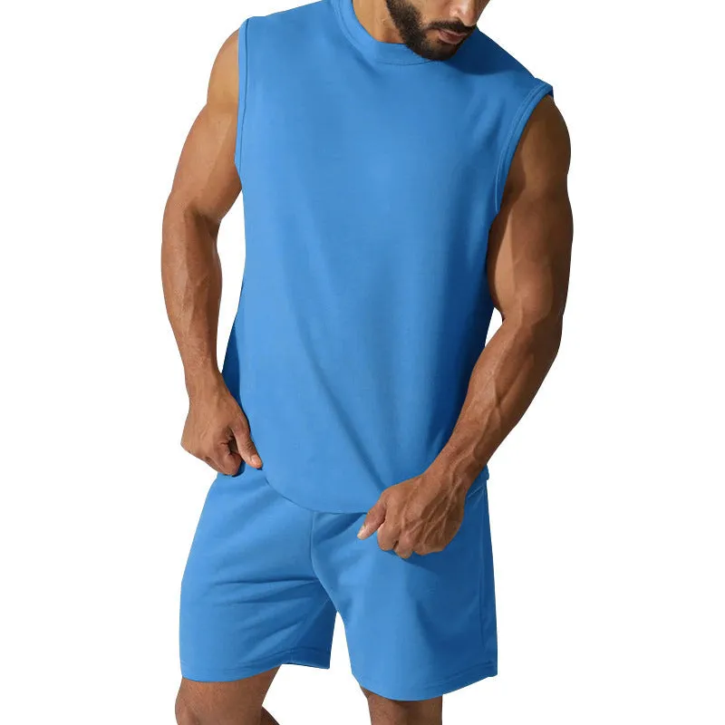 Men's sleeveless sports top and matching shorts casual set in cotton blend fabric