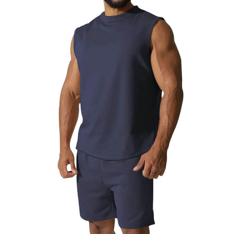 Men's sleeveless sports top and matching shorts casual set in cotton blend fabric