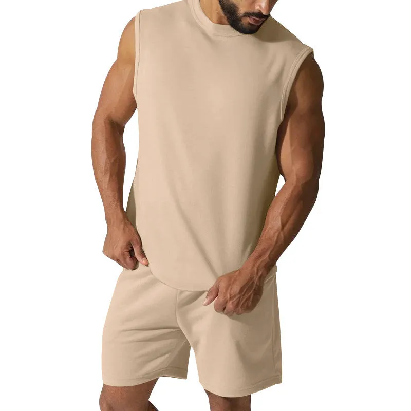 Men's sleeveless sports top and matching shorts casual set in cotton blend fabric