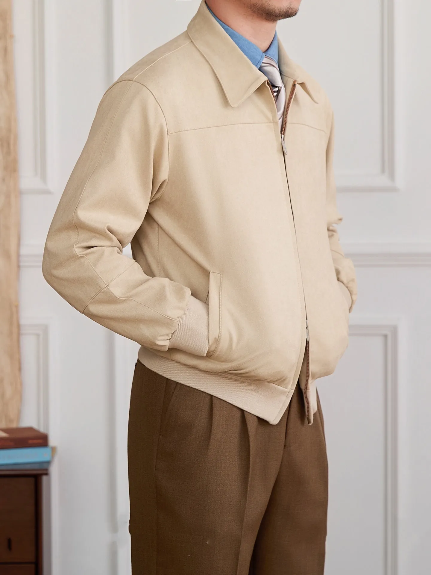 Men's suede bomber jacket with turn-down collar and zip front in apricot colour, long sleeves