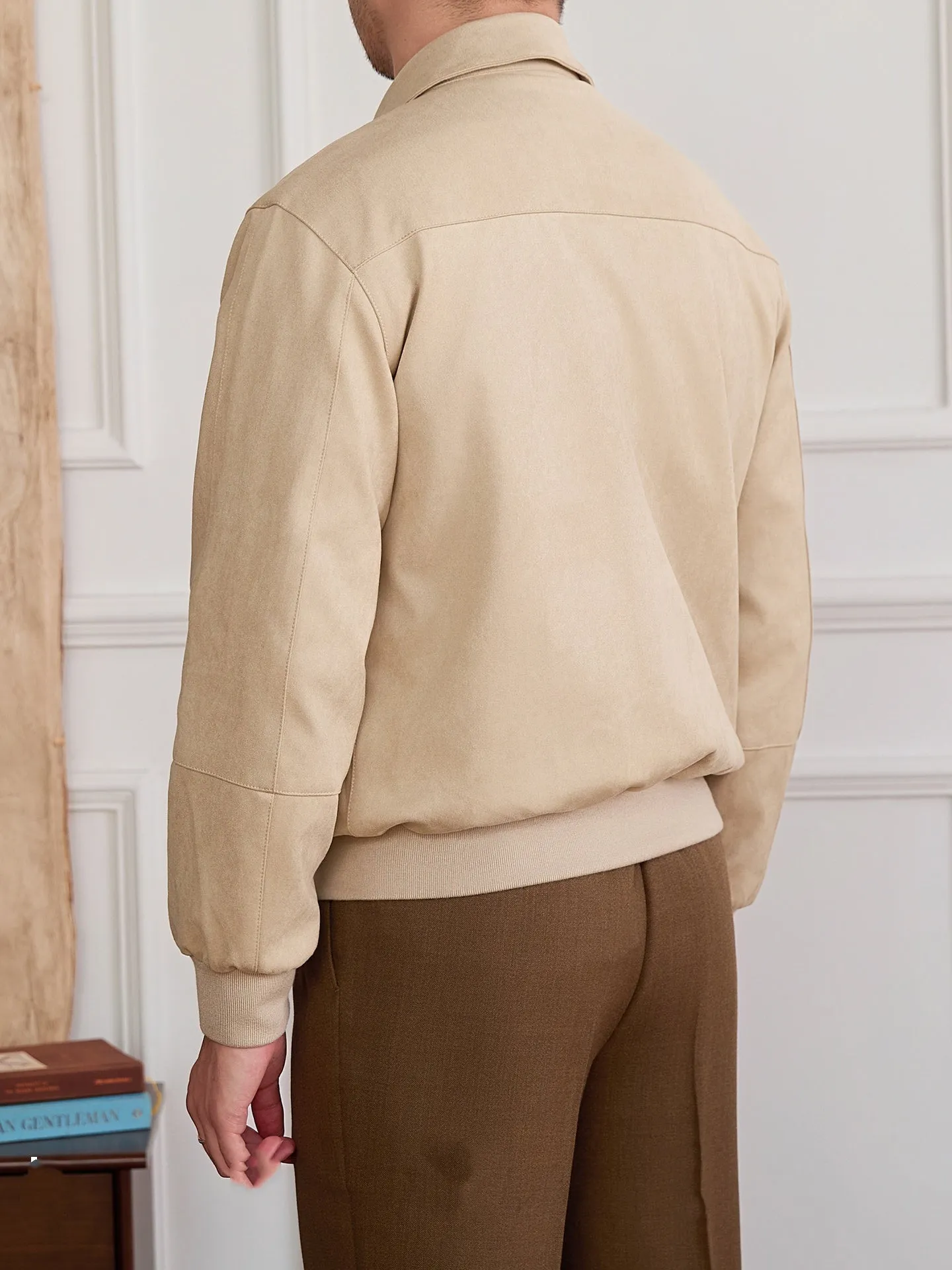 Men's suede bomber jacket with turn-down collar and zip front in apricot colour, long sleeves