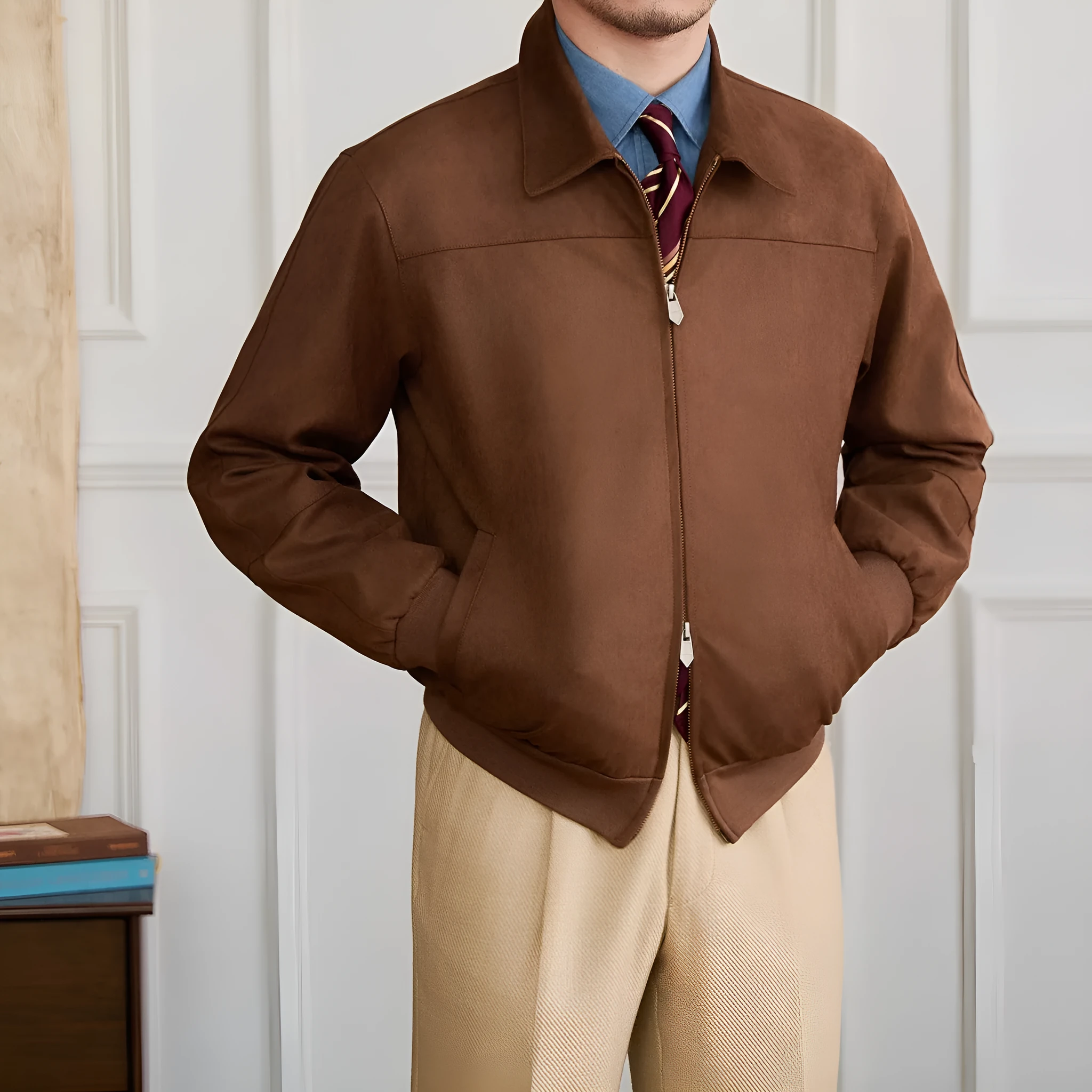 Men's suede bomber jacket with turn-down collar and zip front in apricot colour, long sleeves