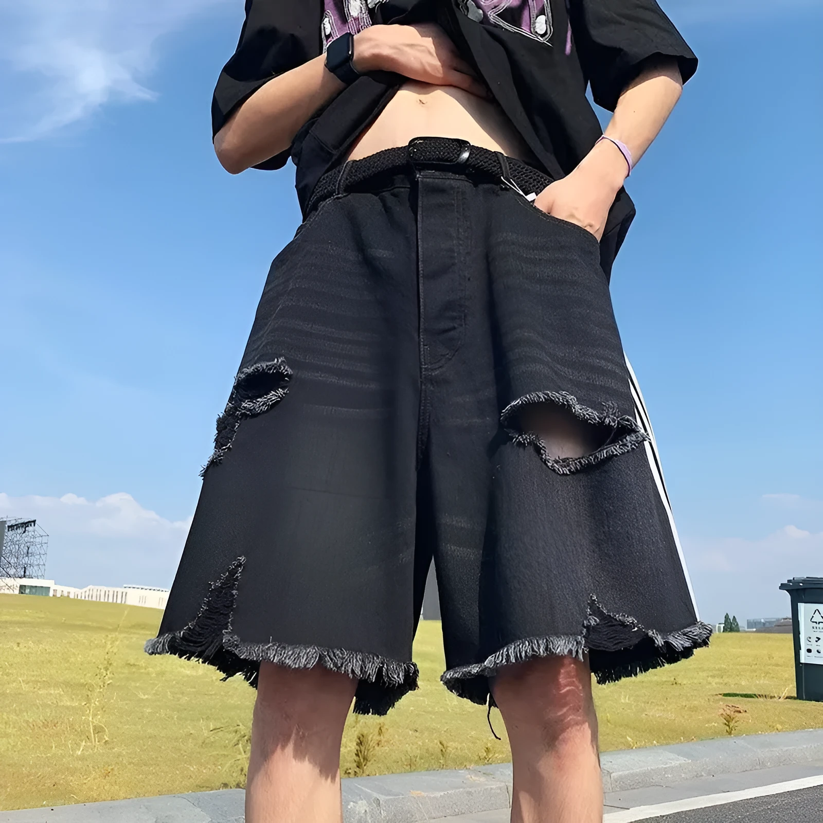 Men's retro ripped denim shorts with three-bar design, black, loose fit, cotton denim, fifth pants length