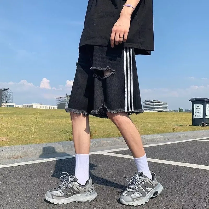 Men's retro ripped denim shorts with three-bar design, black, loose fit, cotton denim, fifth pants length