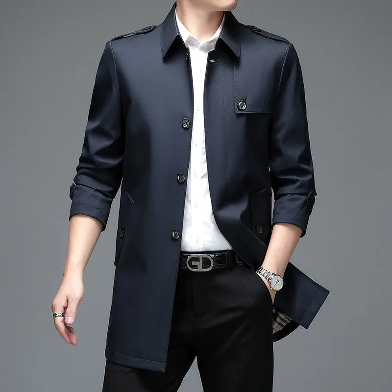 Men's mid-length lapel trench coat in black, shown on a hanger, lightweight chemical fibre blend fabric