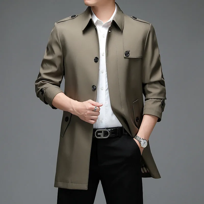 Men's mid-length lapel trench coat in black, shown on a hanger, lightweight chemical fibre blend fabric