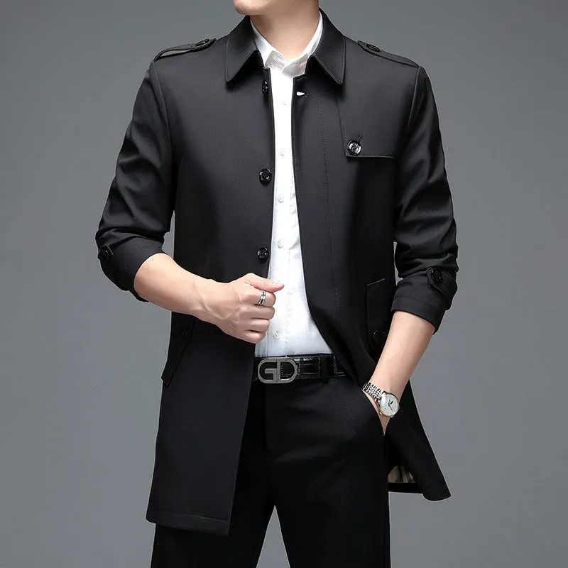 Men's mid-length lapel trench coat in black, shown on a hanger, lightweight chemical fibre blend fabric