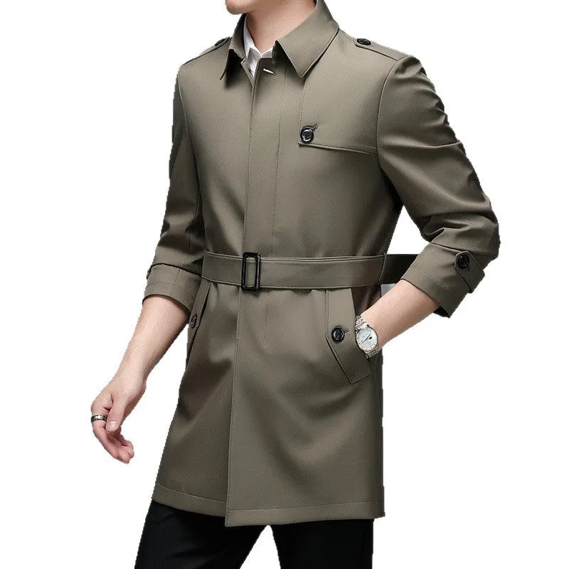 Men's mid-length lapel trench coat in black, shown on a hanger, lightweight chemical fibre blend fabric