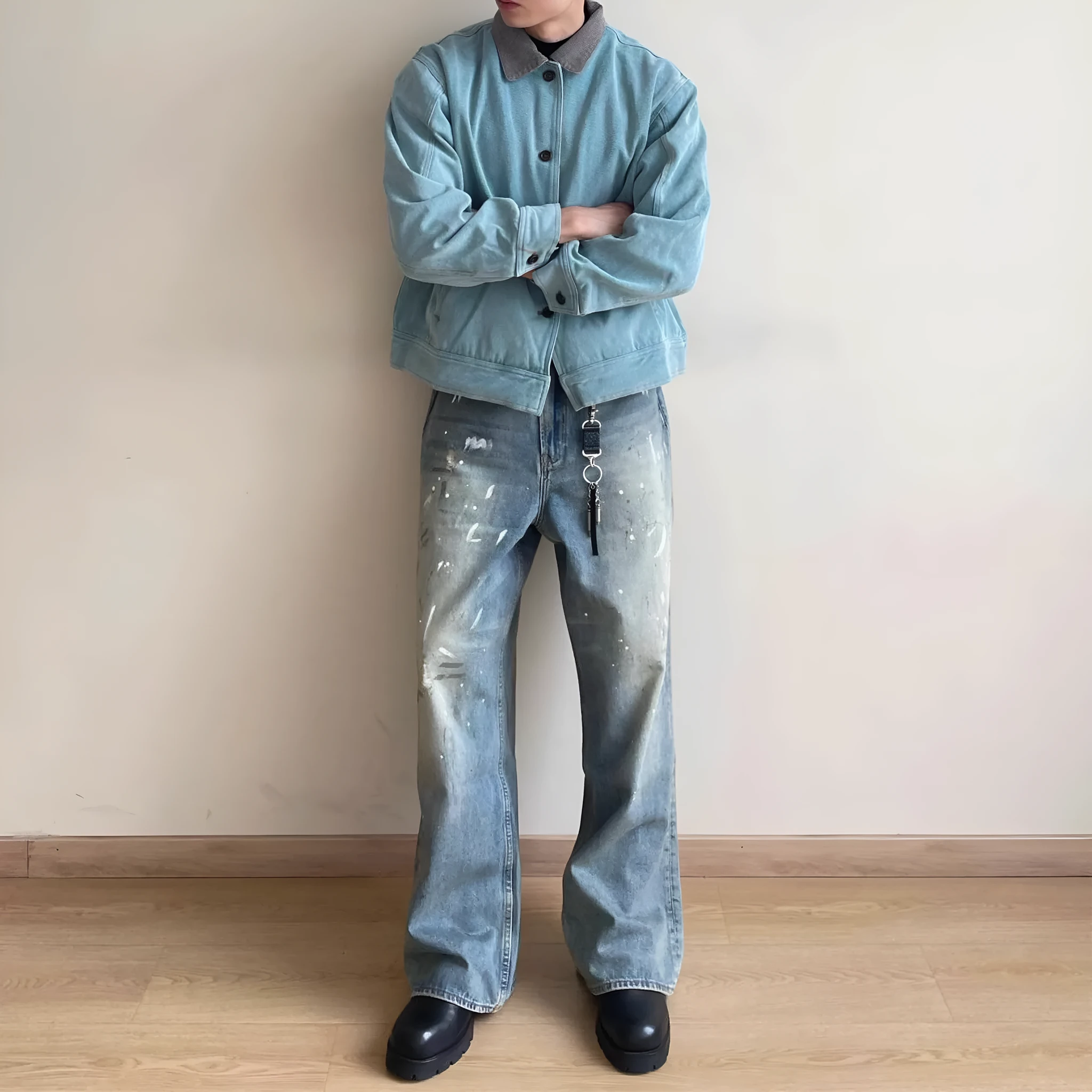 Ice Blue splash ink distressed straight leg cotton denim jeans with zip fly