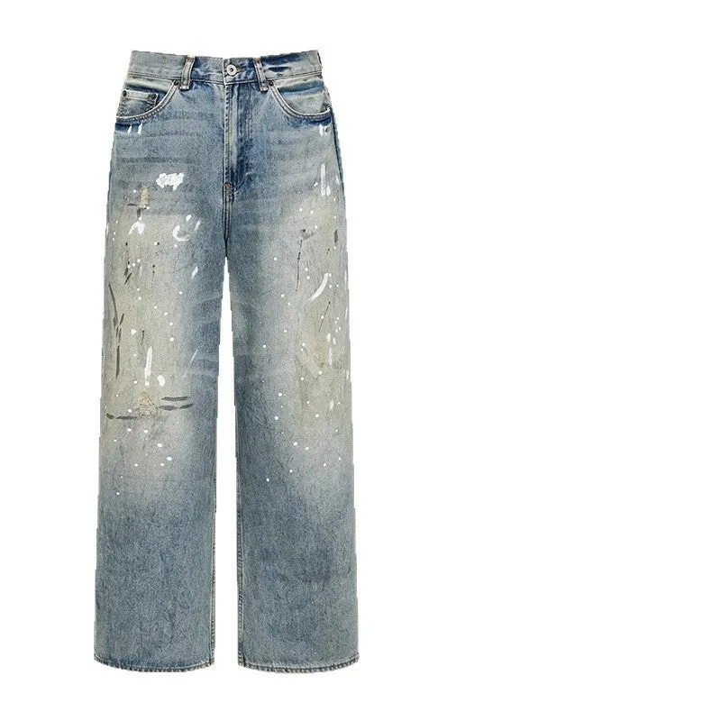 Ice Blue splash ink distressed straight leg cotton denim jeans with zip fly