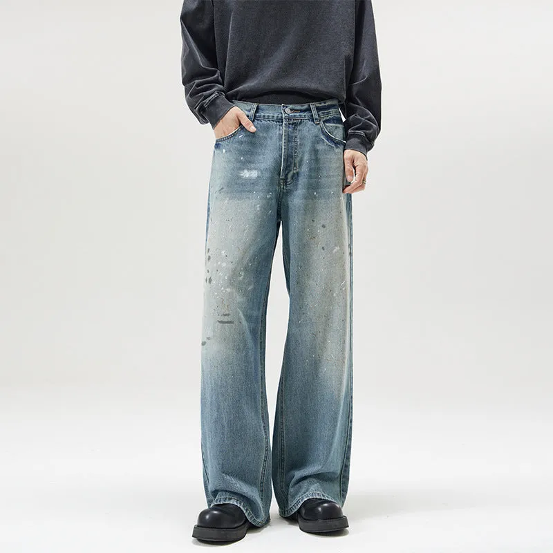 Ice Blue splash ink distressed straight leg cotton denim jeans with zip fly