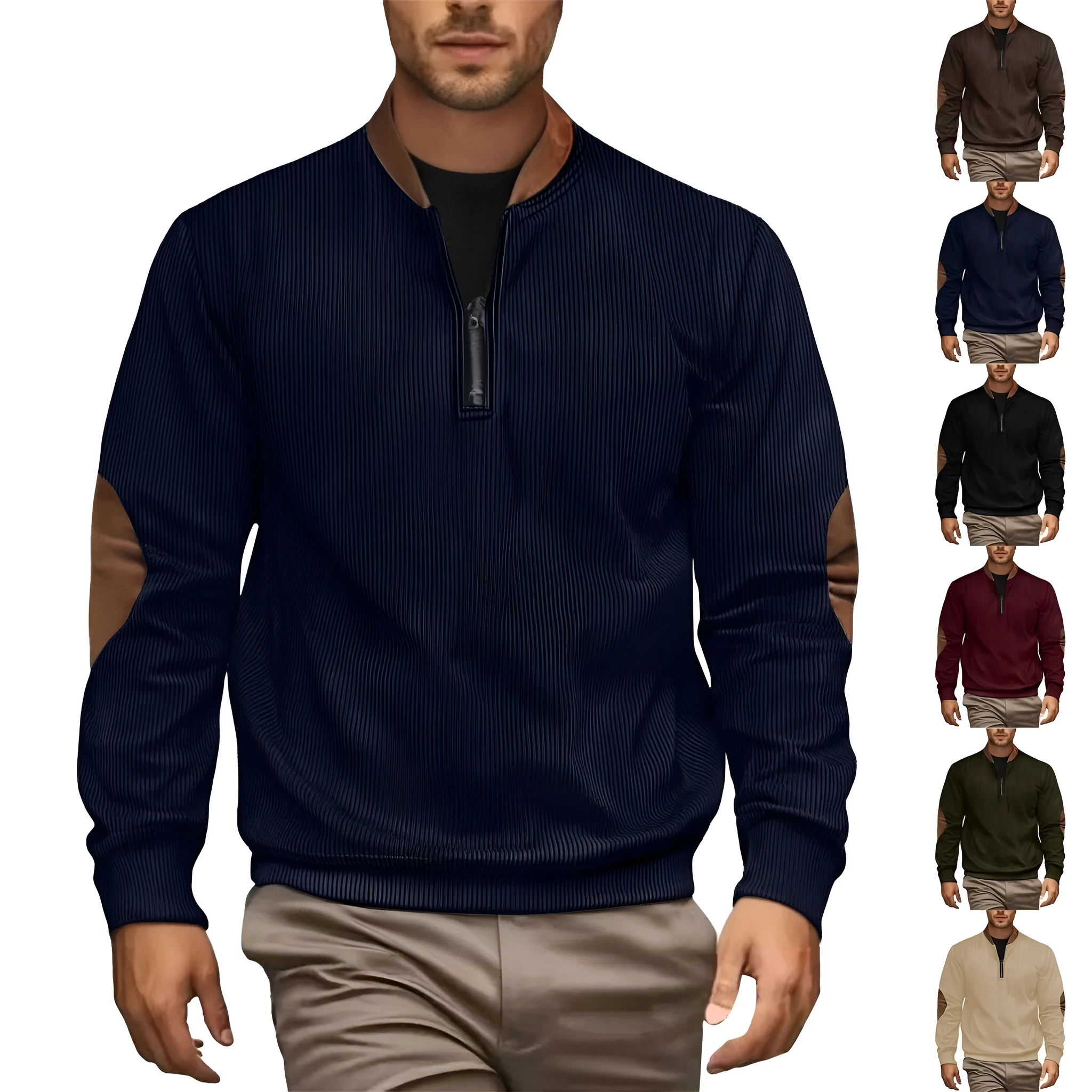 Men's casual corduroy pullover jacket with zip front, long sleeves, no hood, in army green colour