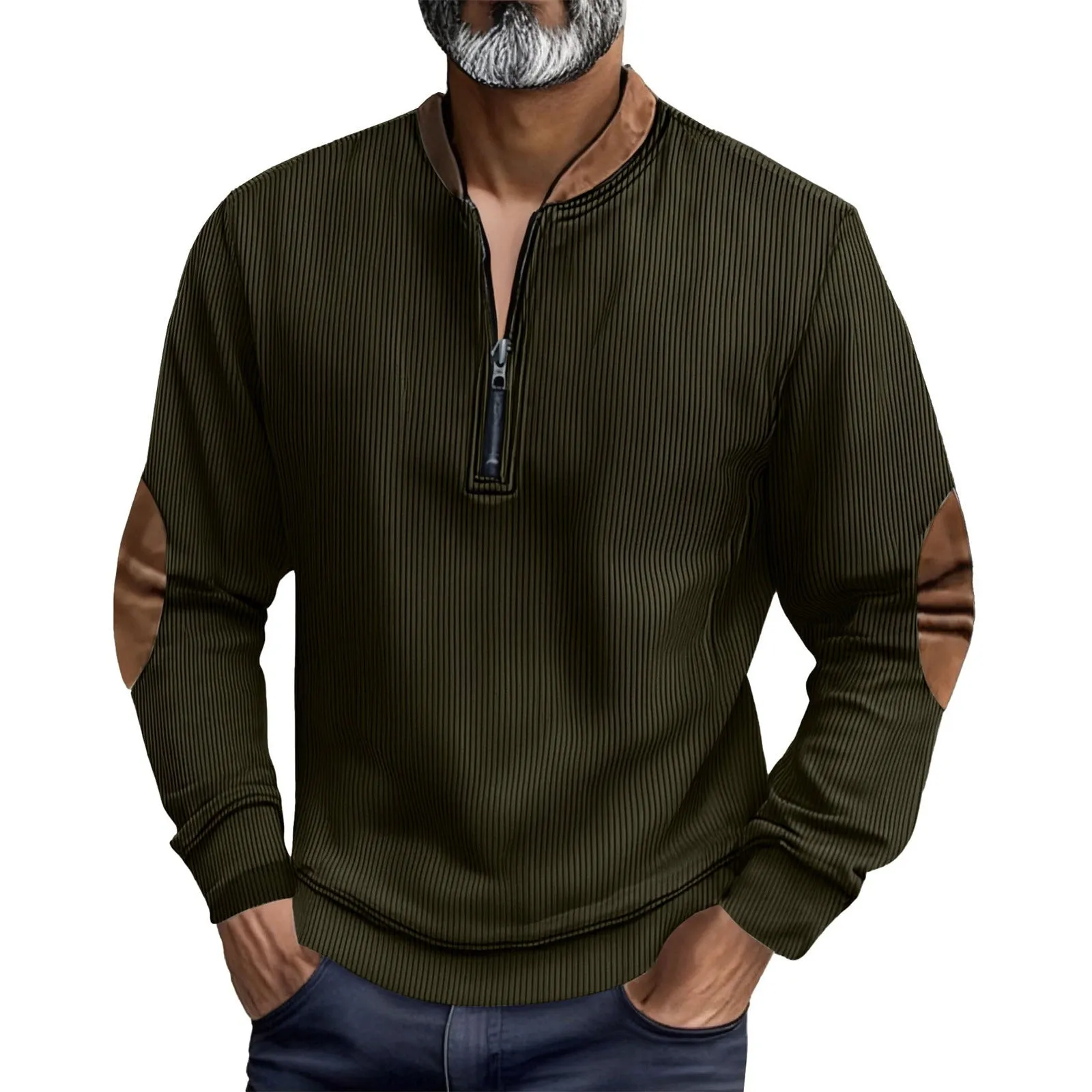 Men's casual corduroy pullover jacket with zip front, long sleeves, no hood, in army green colour