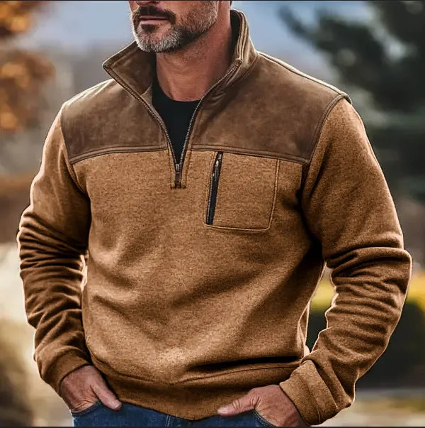 Men's zipper fleece sweater in gray 7129 colour, long sleeve pullover style