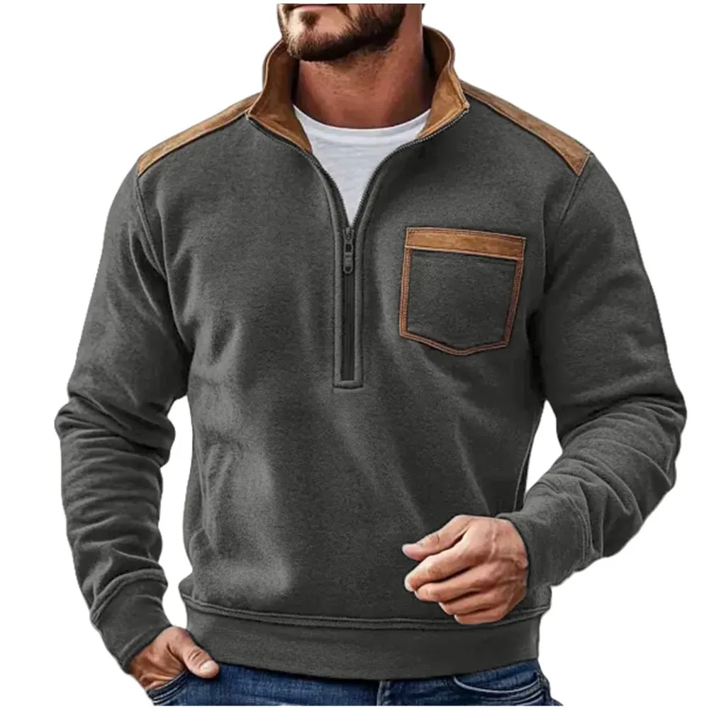 Men's zipper fleece sweater in gray 7129 colour, long sleeve pullover style