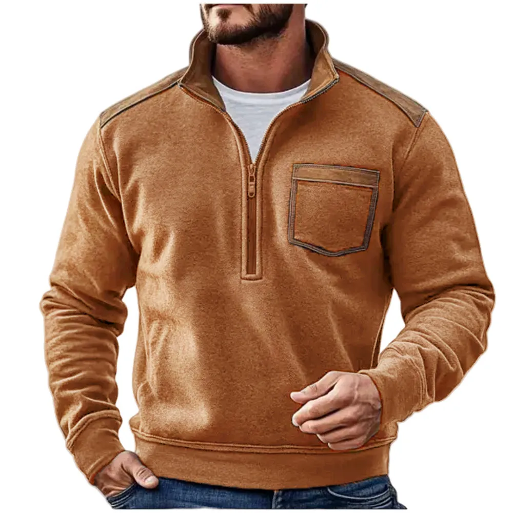 Men's zipper fleece sweater in gray 7129 colour, long sleeve pullover style