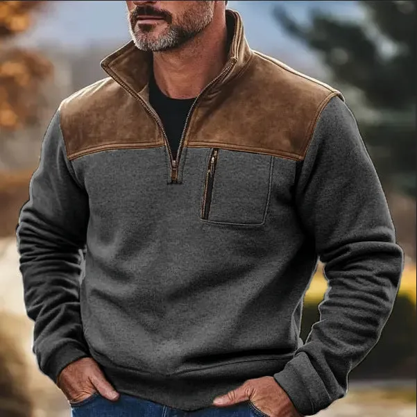 Men's zipper fleece sweater in gray 7129 colour, long sleeve pullover style