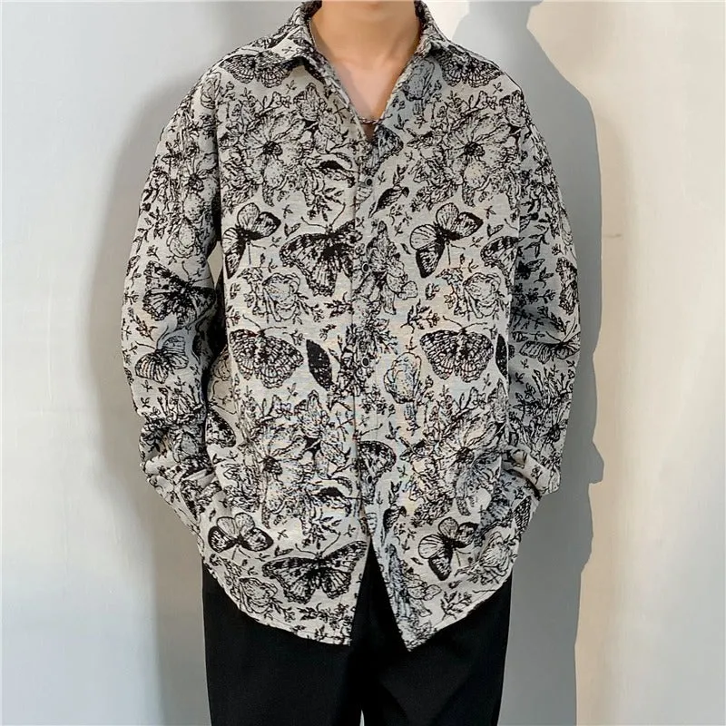 Loose Japanese retro ethnic style couple long sleeve cardigan shirt in brown polyester, front view
