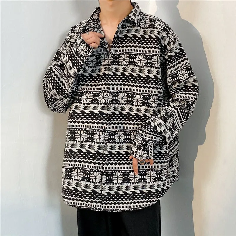 Loose Japanese retro ethnic style couple long sleeve cardigan shirt in brown polyester, front view