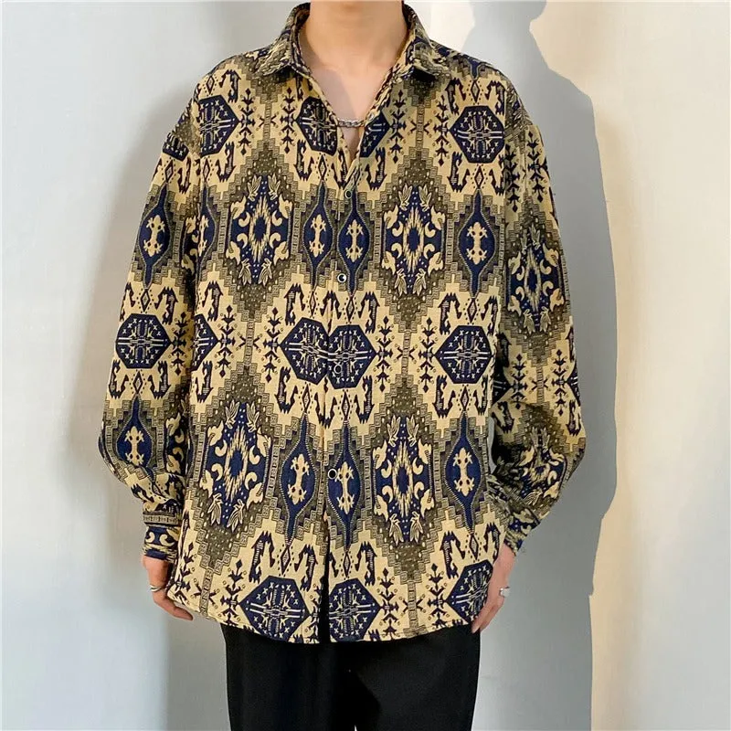 Loose Japanese retro ethnic style couple long sleeve cardigan shirt in brown polyester, front view