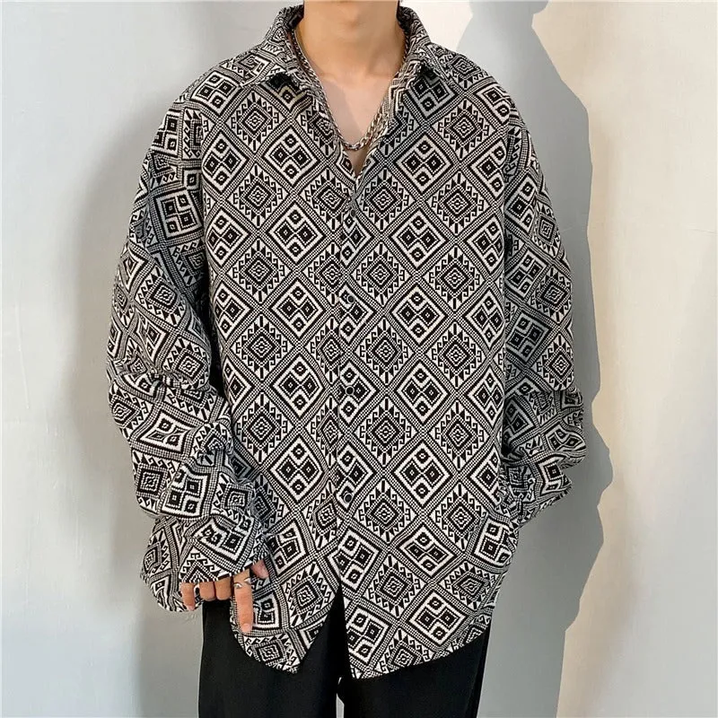 Loose Japanese retro ethnic style couple long sleeve cardigan shirt in brown polyester, front view