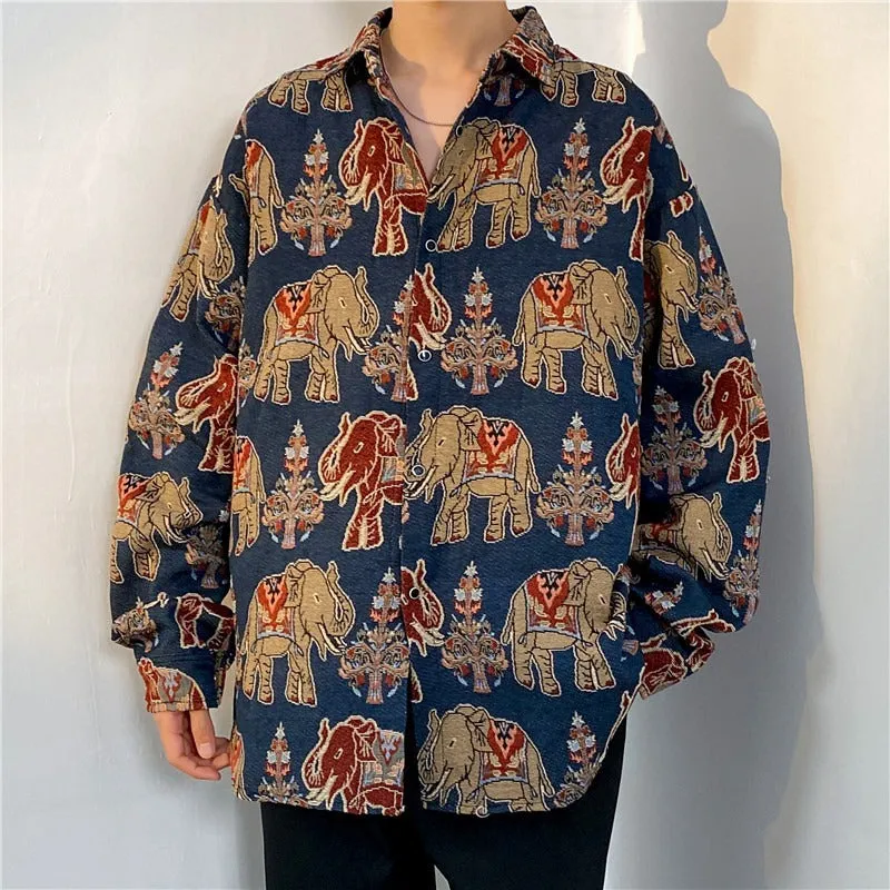 Loose Japanese retro ethnic style couple long sleeve cardigan shirt in brown polyester, front view