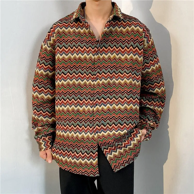 Loose Japanese retro ethnic style couple long sleeve cardigan shirt in brown polyester, front view