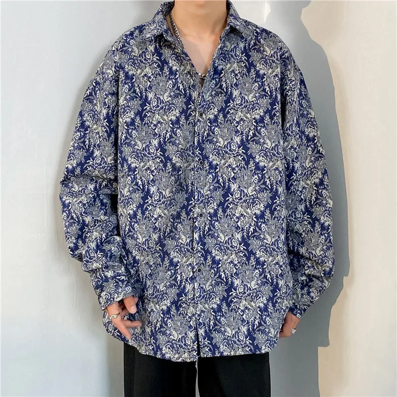 Loose Japanese retro ethnic style couple long sleeve cardigan shirt in brown polyester, front view