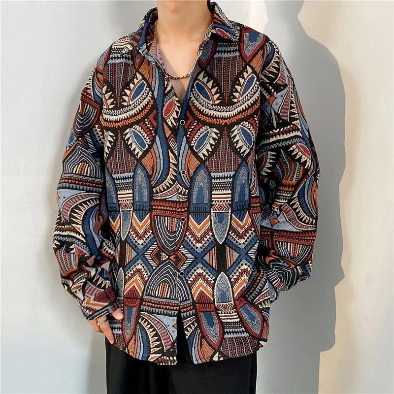 Loose Japanese retro ethnic style couple long sleeve cardigan shirt in brown polyester, front view