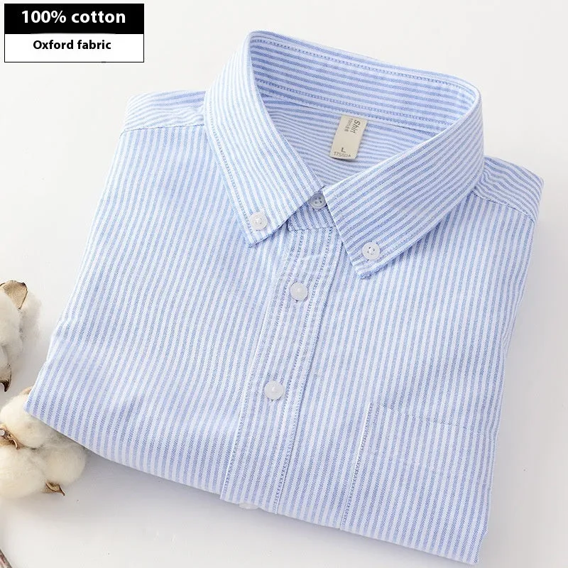 Men's autumn long-sleeved casual cotton Oxford shirt in Oxford blue with striped pattern, available in sizes M to 5XL