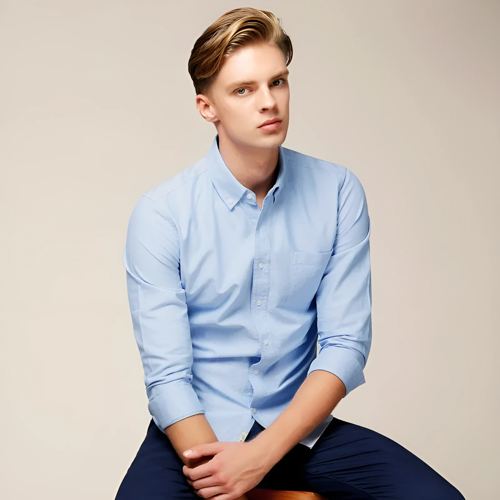 Men's autumn long-sleeved casual cotton Oxford shirt in Oxford blue with striped pattern, available in sizes M to 5XL