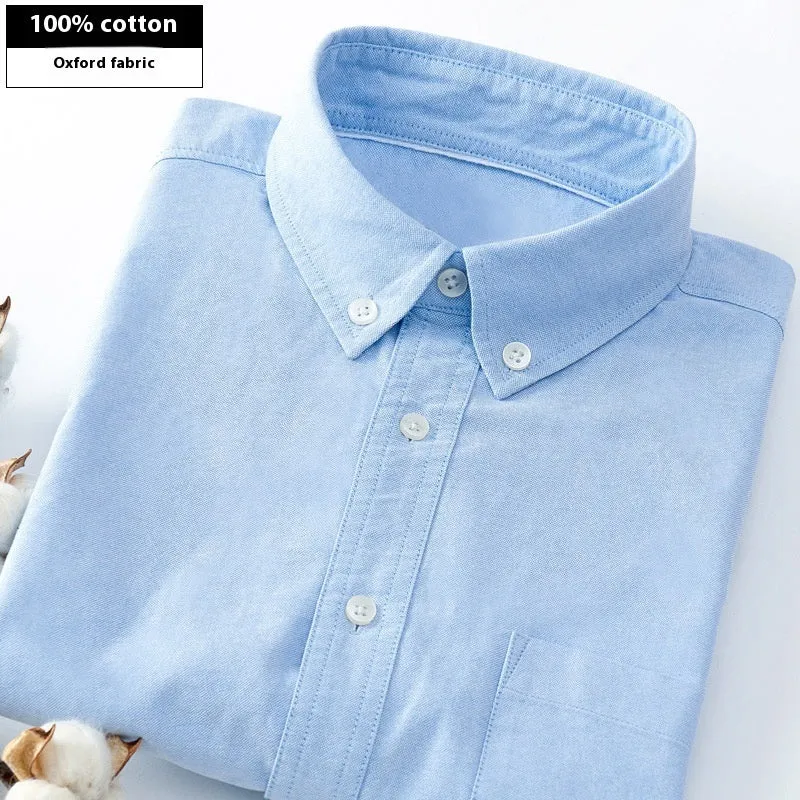 Men's autumn long-sleeved casual cotton Oxford shirt in Oxford blue with striped pattern, available in sizes M to 5XL