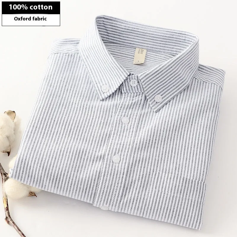 Men's autumn long-sleeved casual cotton Oxford shirt in Oxford blue with striped pattern, available in sizes M to 5XL