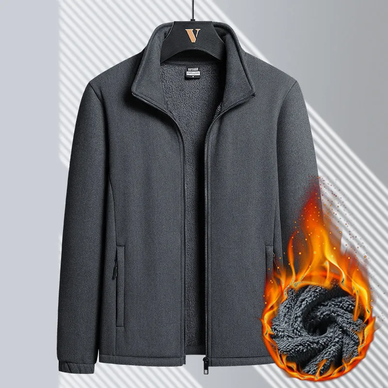 Men's grey Berber fleece coat with stand-up collar and zip pockets