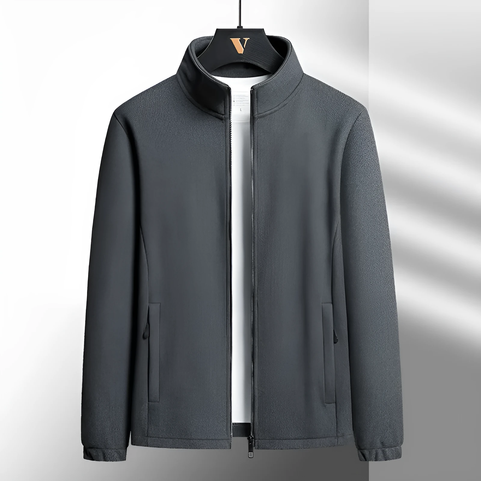 Men's grey Berber fleece coat with stand-up collar and zip pockets