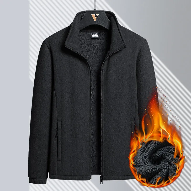 Men's grey Berber fleece coat with stand-up collar and zip pockets