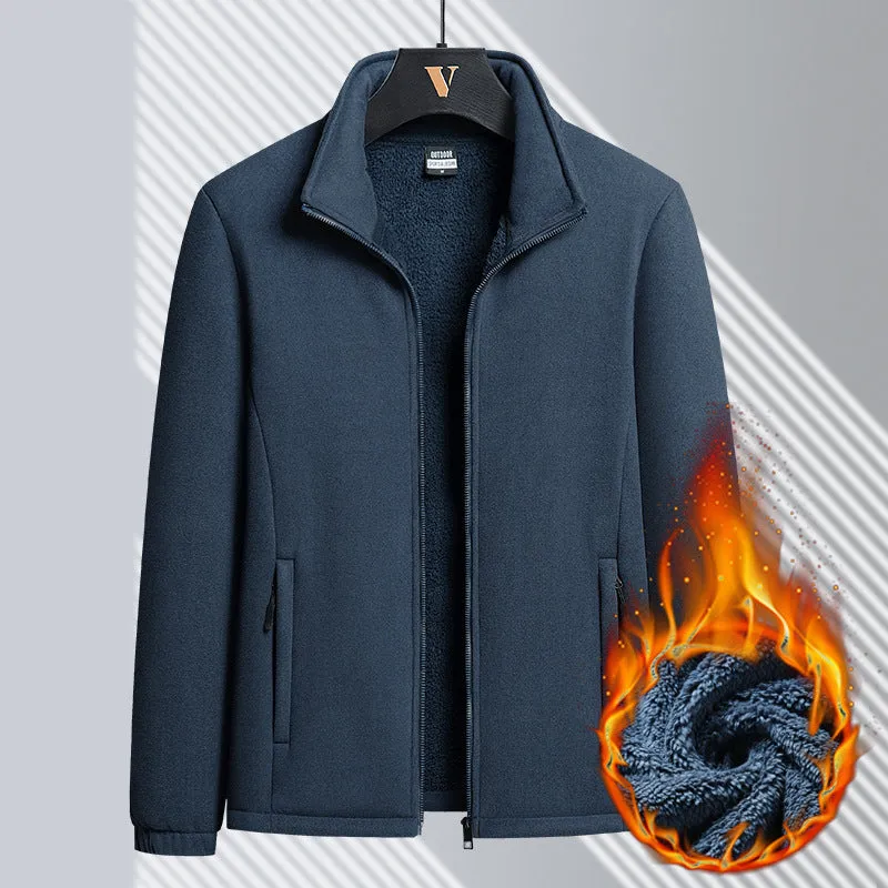 Men's grey Berber fleece coat with stand-up collar and zip pockets