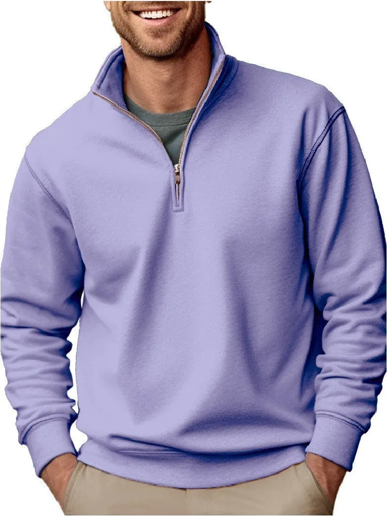 Men's purple casual zipper velvet stand collar solid colour long sleeve pullover sweater with front patch pocket