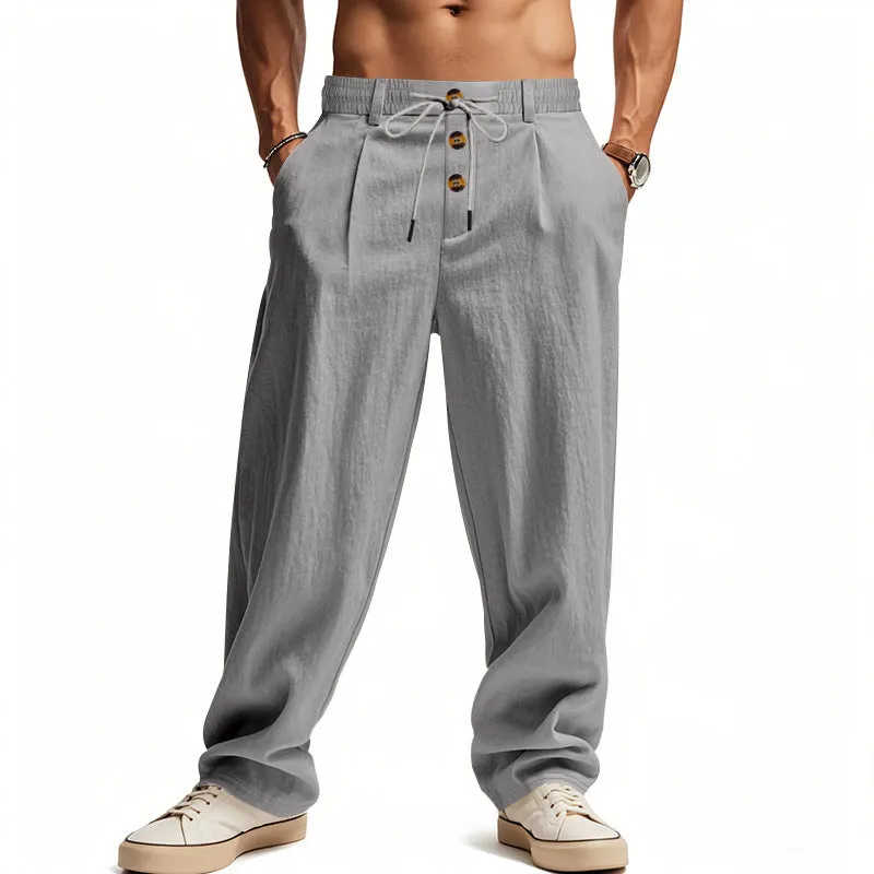 Men's breathable cotton linen loose leisure sports trousers in light khaki, high waist, straight leg