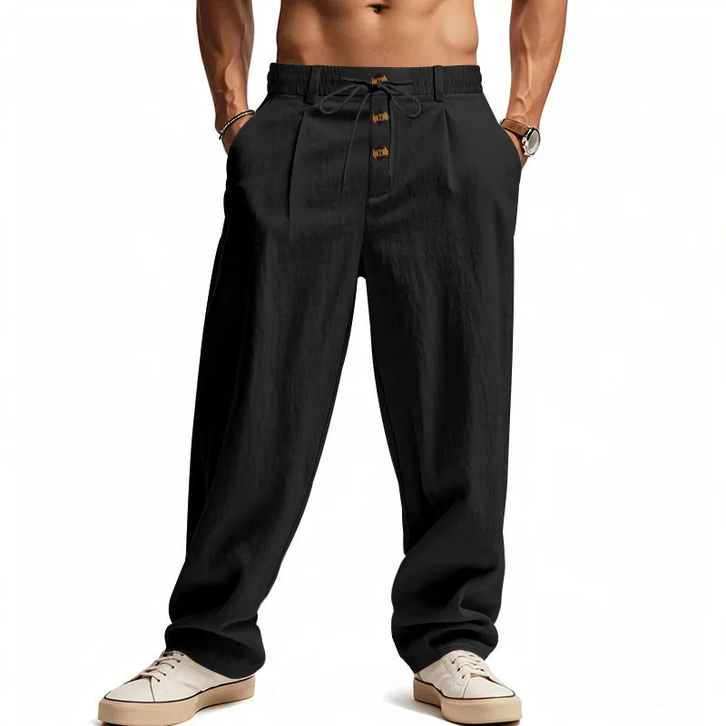 Men's breathable cotton linen loose leisure sports trousers in light khaki, high waist, straight leg