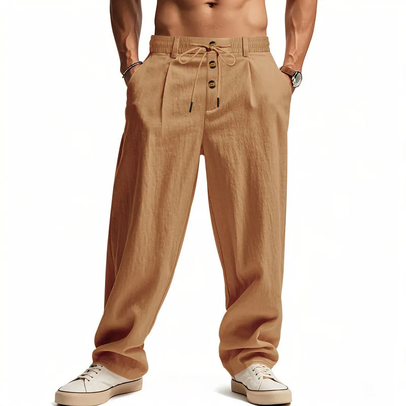 Men's breathable cotton linen loose leisure sports trousers in light khaki, high waist, straight leg
