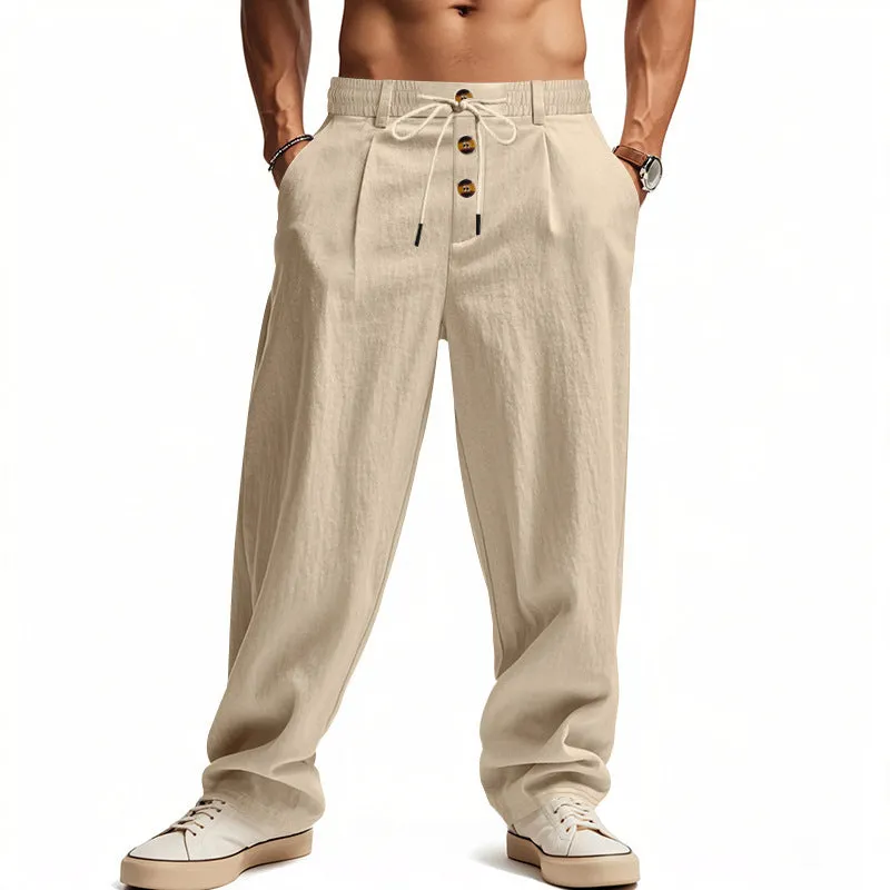 Men's breathable cotton linen loose leisure sports trousers in light khaki, high waist, straight leg