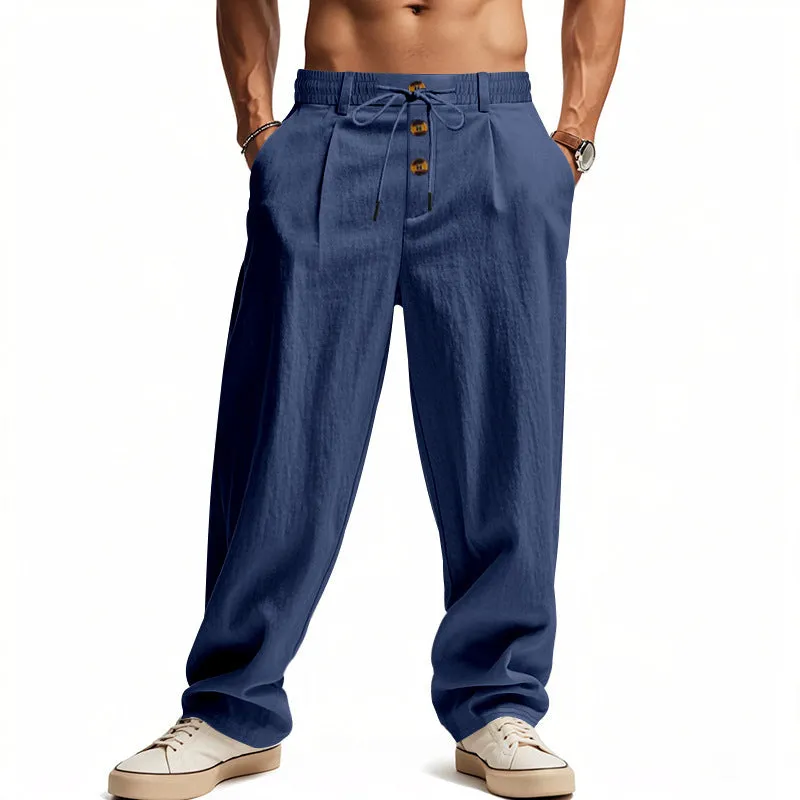 Men's breathable cotton linen loose leisure sports trousers in light khaki, high waist, straight leg