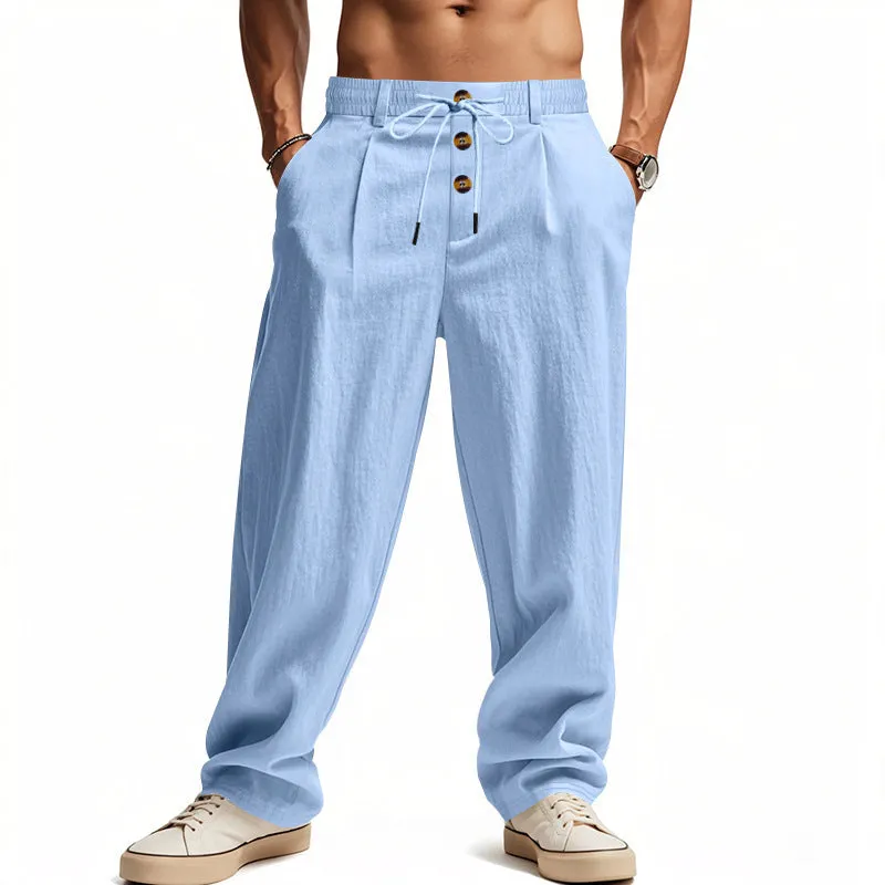 Men's breathable cotton linen loose leisure sports trousers in light khaki, high waist, straight leg